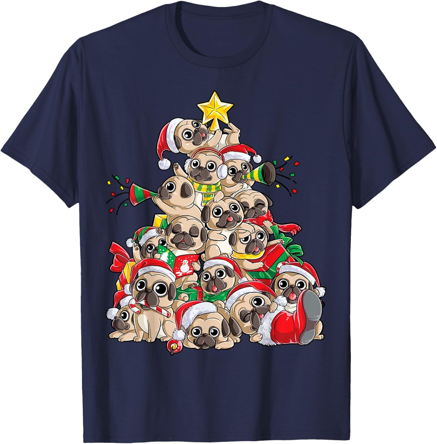Pug Christmas Tree Dog Santa Xmas Boys Girls Merry Dogmas T-Shirt - T-Shirt | Navy