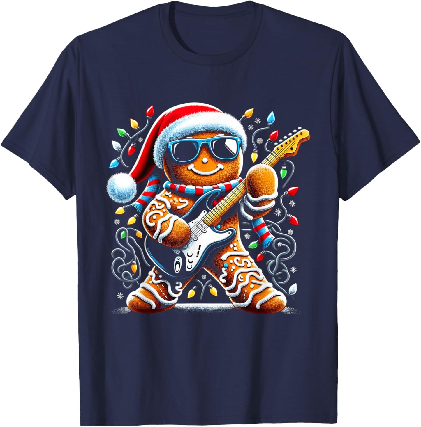 Rock Guitar Gingerbread Playing Guitar -Funny Christmas Xmas T-Shirt - T-Shirt | Navy