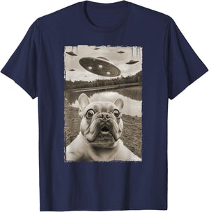 French Bulldog and UFO - Funny UFO and French Bulldog Selfie Women Kids T-Shirt - T-Shirt | Navy
