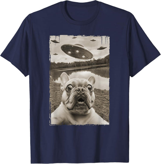 French Bulldog and UFO - Funny UFO and French Bulldog Selfie Women Kids T-Shirt - T-Shirt | Navy