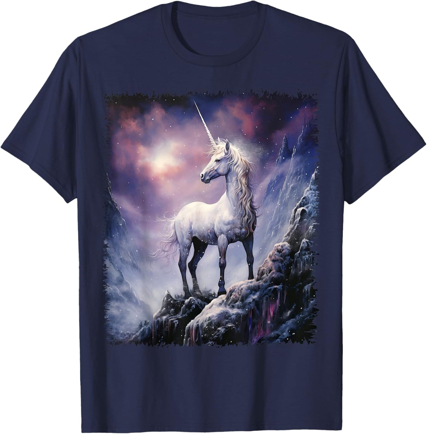 Fantasy white Unicorn standing on the snowy hill T-Shirt - T-Shirt | Navy