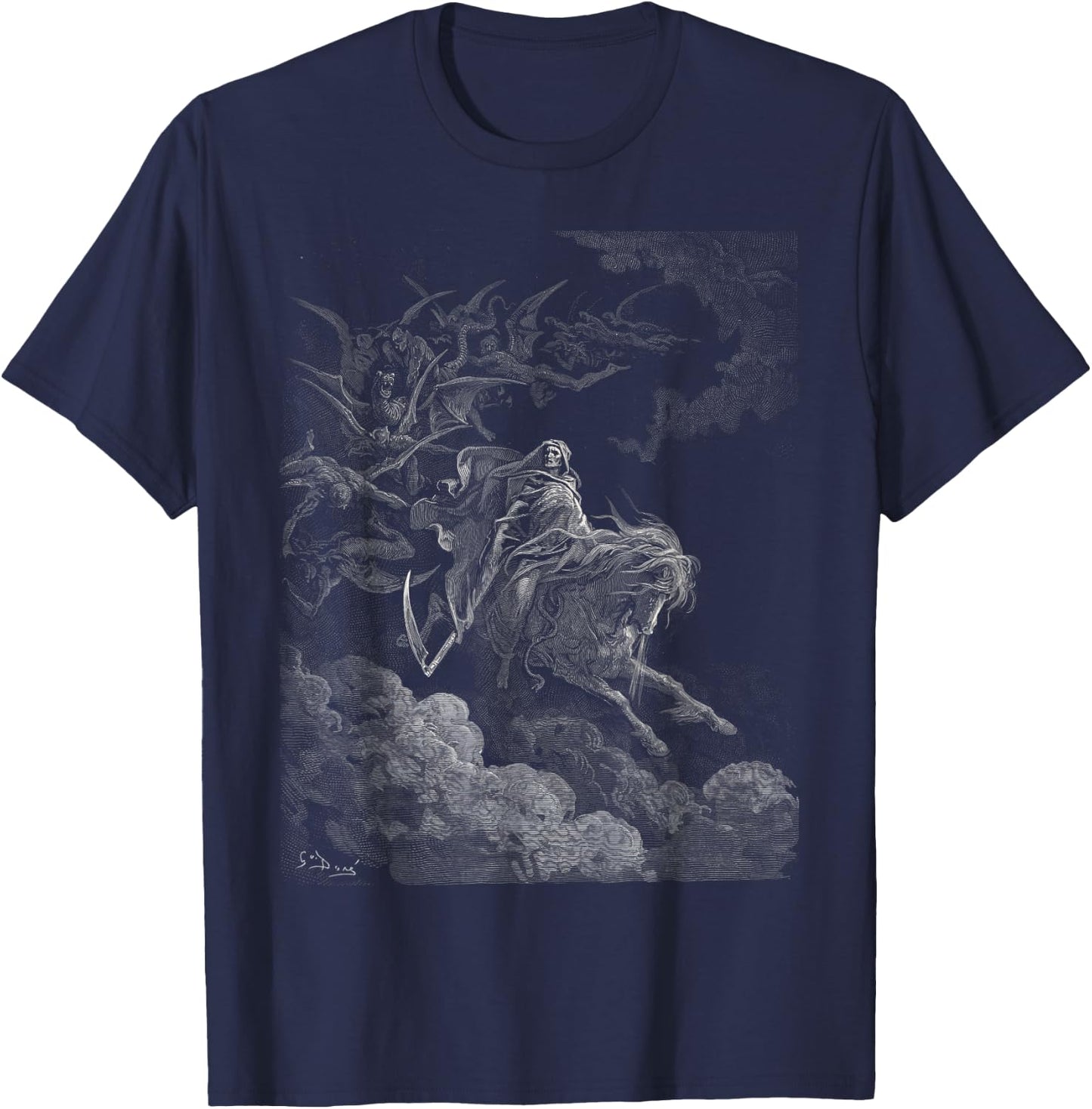 Gustave Dore Death on the Pale Horse Black Cotton 100% - Women's -Adults Classic Fit Short Sleeve Small T-Shirt - T-Shirt | Navy
