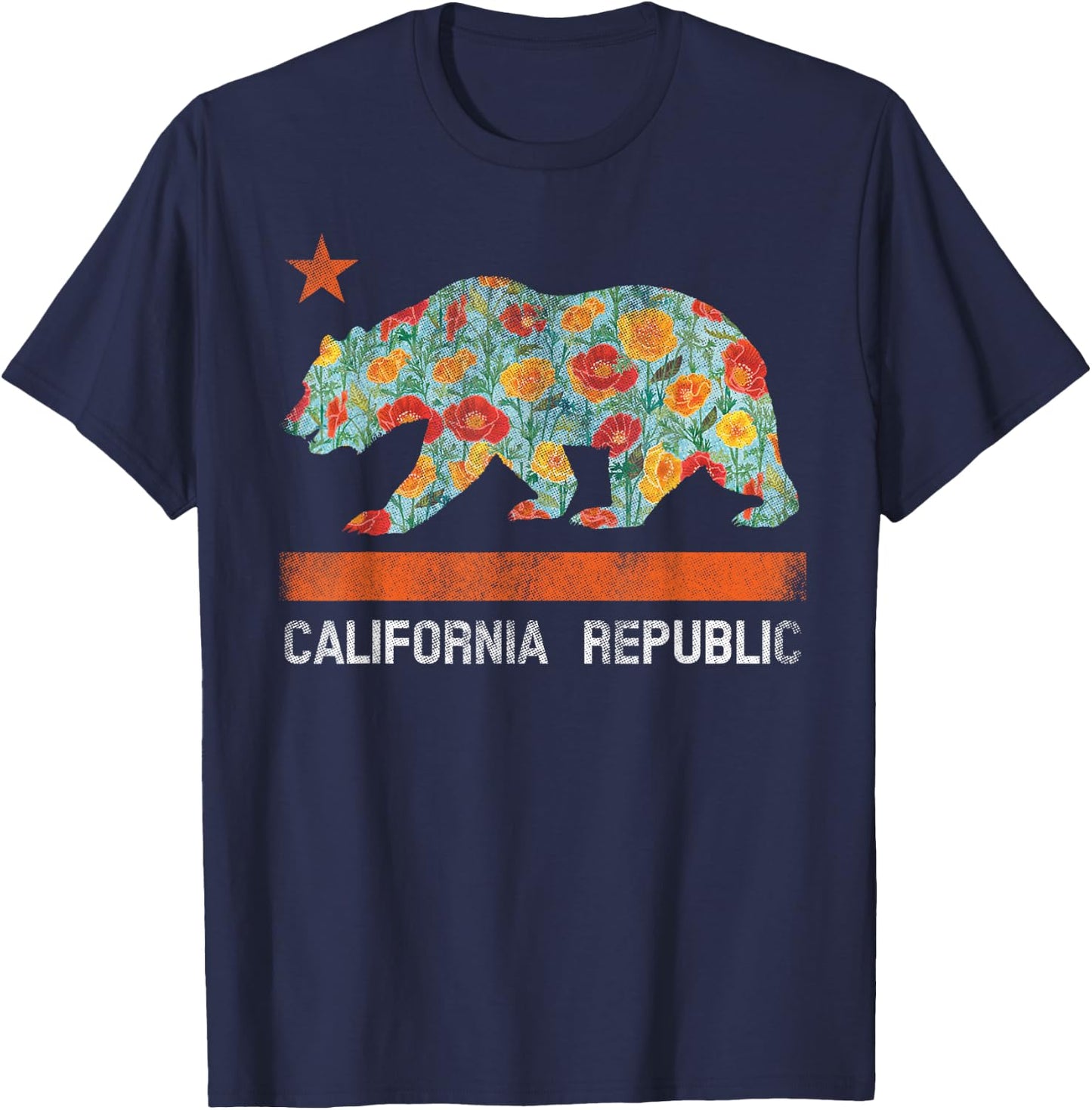 California Republic State Bear Star Poppy Flower LA Cali T-Shirt - T-Shirt | Navy