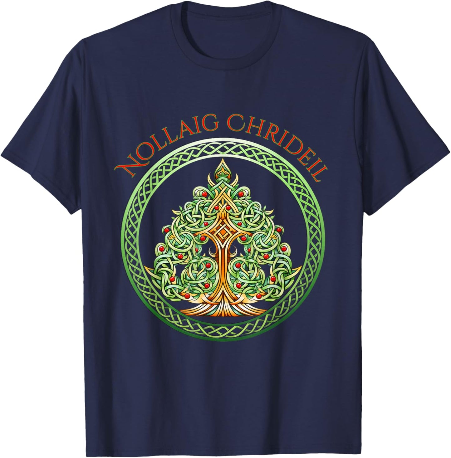 Nollaig Chridheil Scottish Celtic Christmas Tree T-Shirt - T-Shirt | Navy
