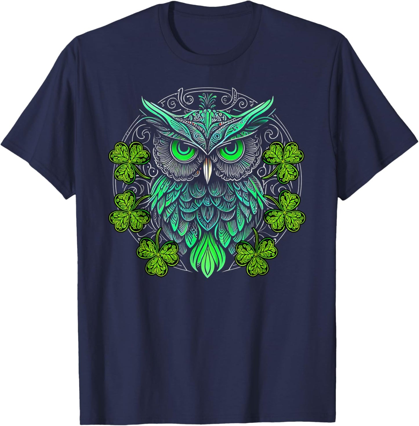Cute Owl Bird Mandala Irish Shamrock Clover St Patricks T-Shirt - T-Shirt | Navy