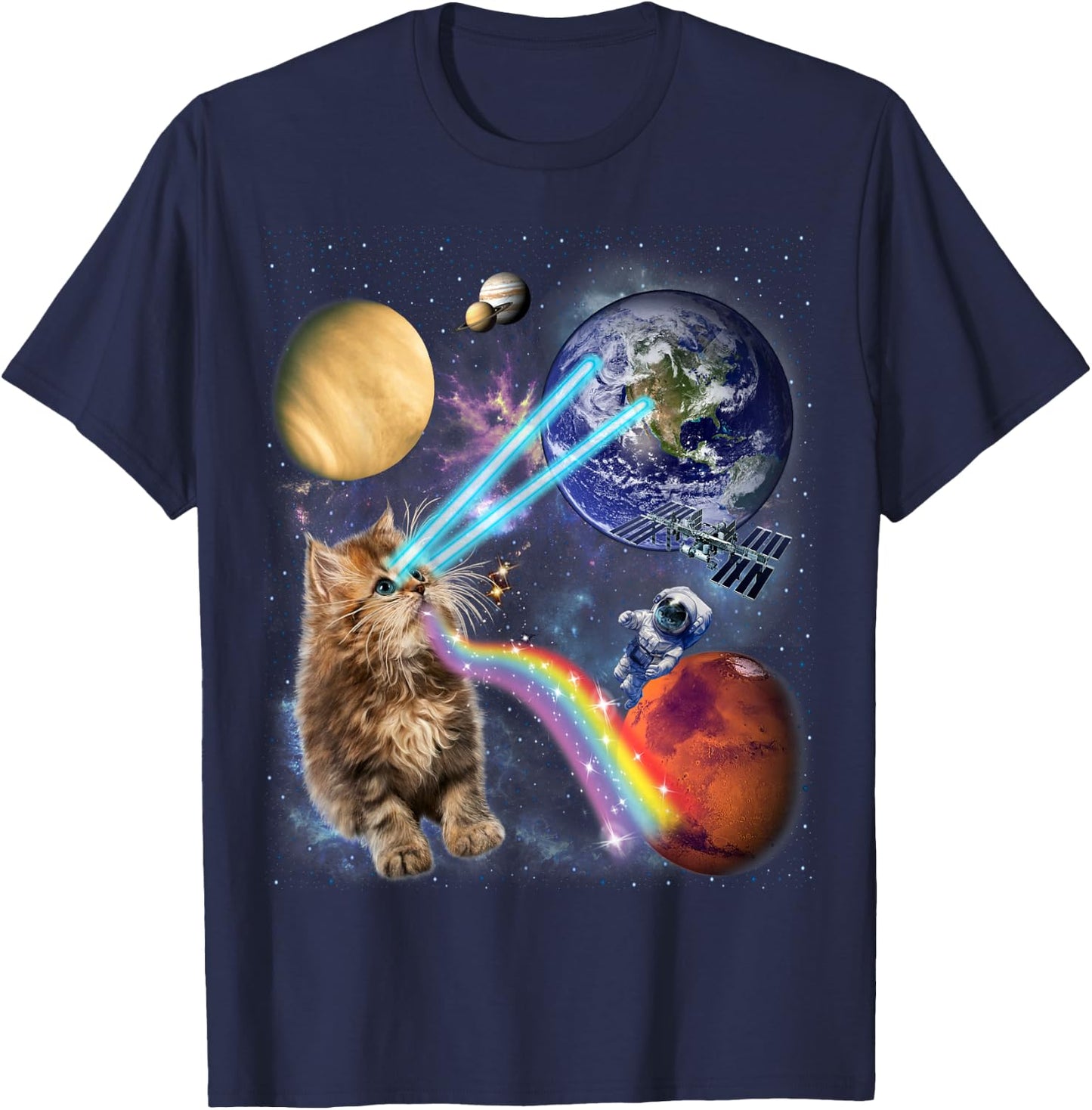 Fluffy Cat with Galactic Rainbow Beams Women Kids T-Shirt - T-Shirt | Navy