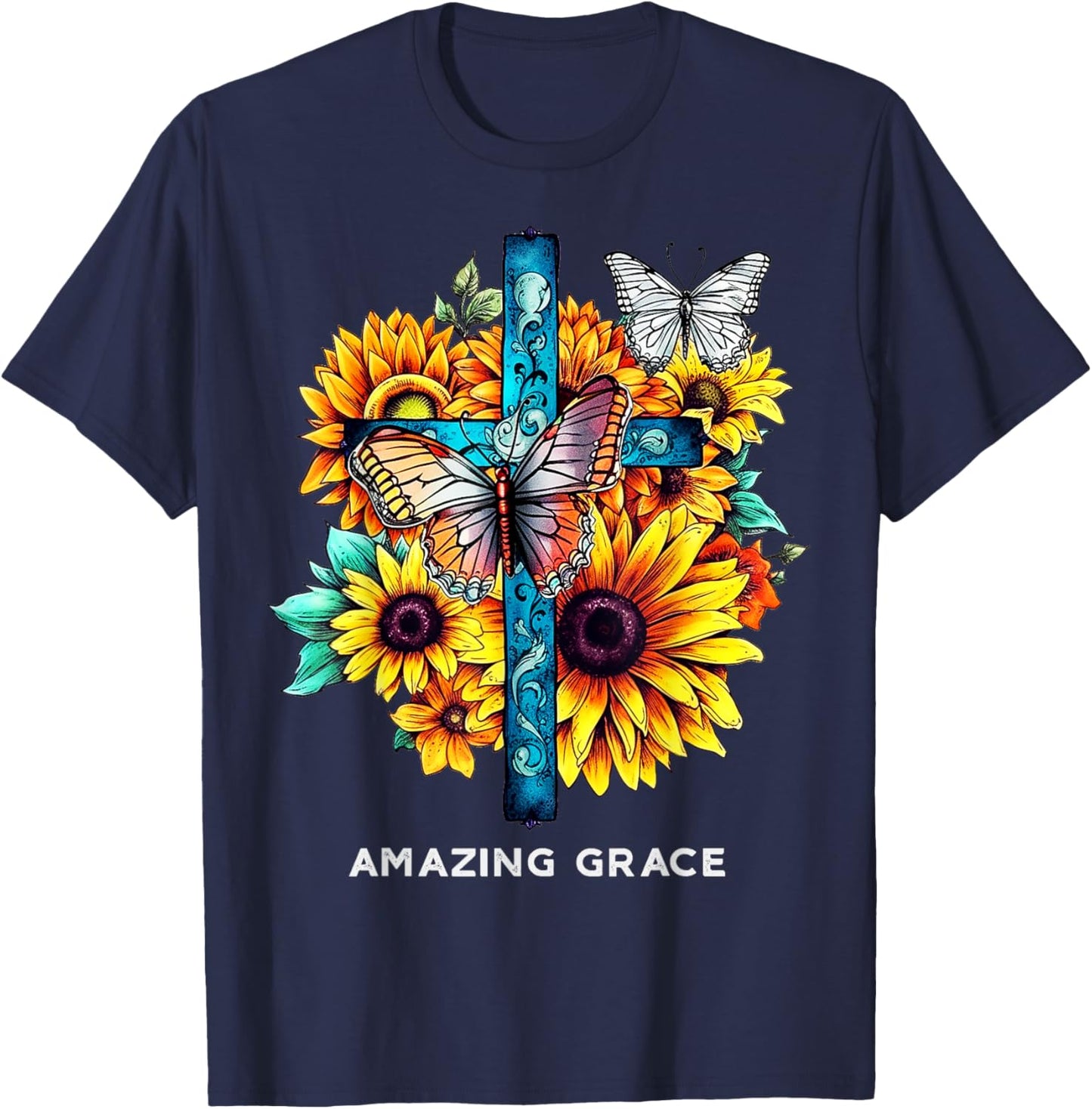 Amazing grace Cross Sunflowers Butterflies Christian T-Shirt - T-Shirt | Navy