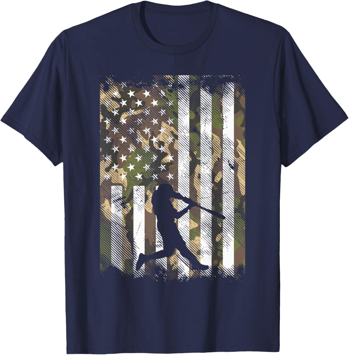 Camo Flag Baseball Player Vintage Patriotic Men Women Kids T-Shirt - T-Shirt | Navy