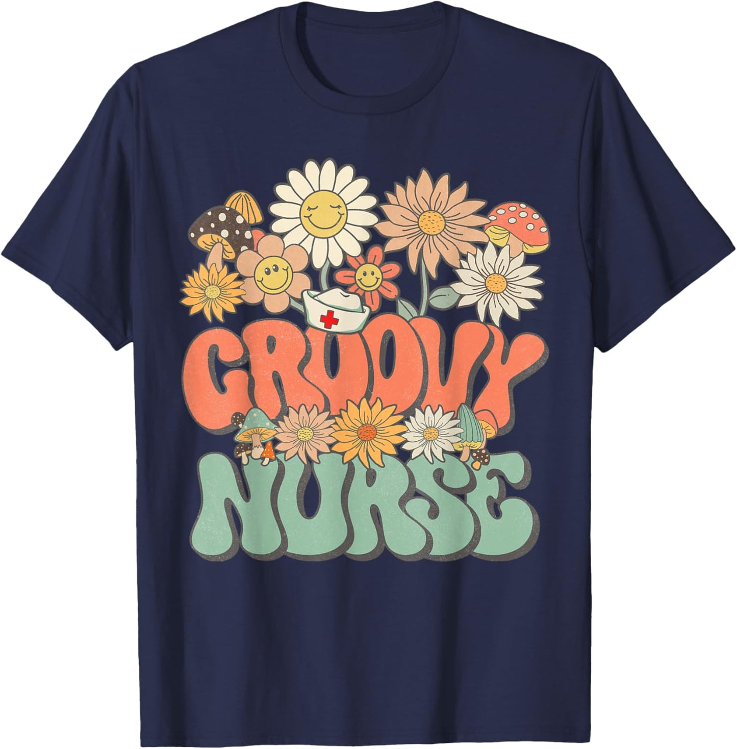 Retro Groovy Nurse Floral Hippie Daisy Flower Matching Nurse T-Shirt - T-Shirt | Navy