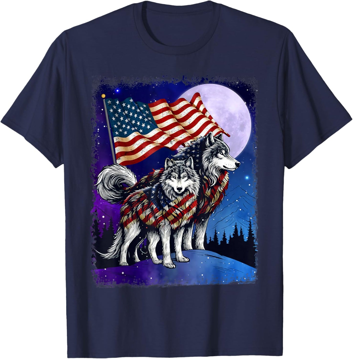 Wolf 4th of July American Flag Howling Wolves Under Moon Women Men T-Shirt - T-Shirt | Navy