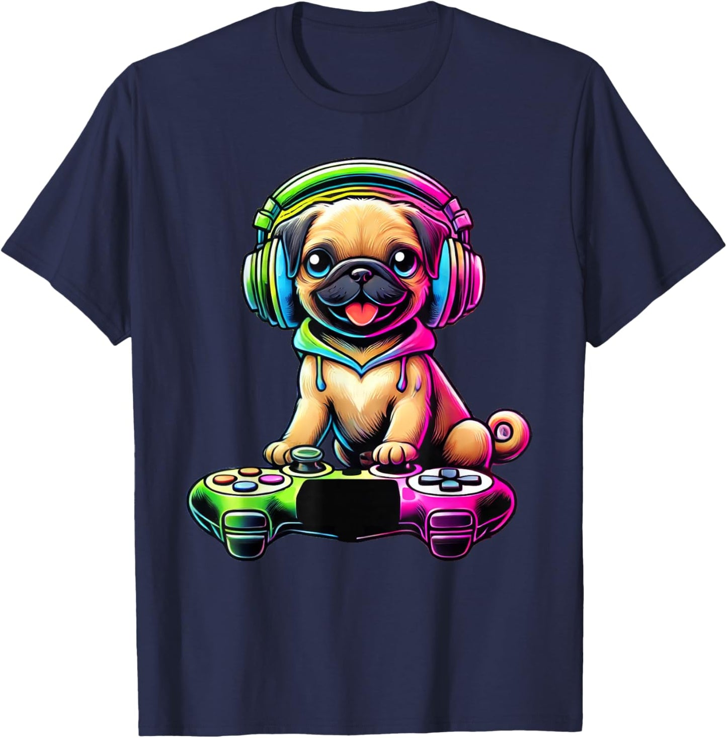 Dog Pug Funny Video Games Gamer T-Shirt - T-Shirt | Navy