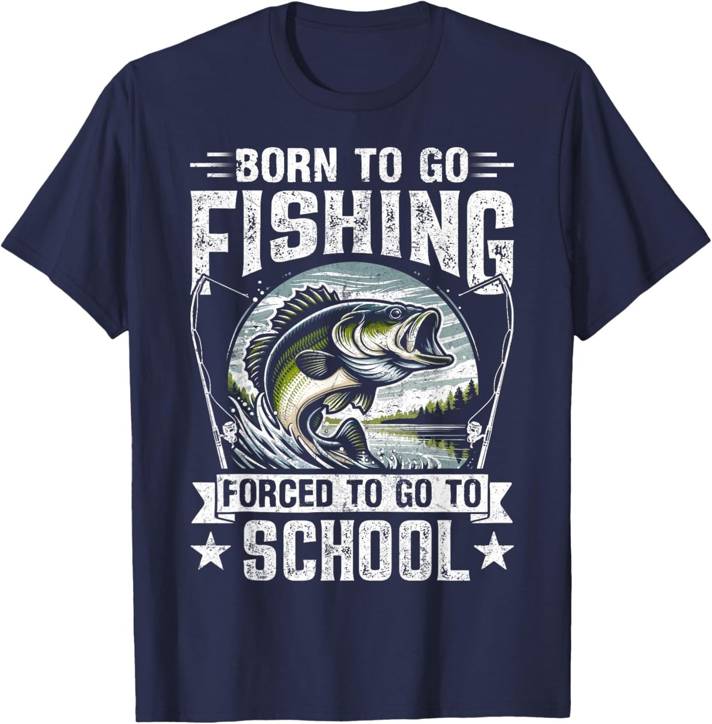 Teen Boys Fishing Shirt Forced to Go to School Bass Fish T-Shirt - T-Shirt | Navy