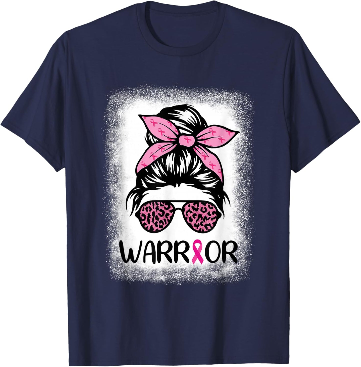 Warrior Breast Cancer Women Messy Bun Bleached Leopard T-Shirt - T-Shirt | Navy