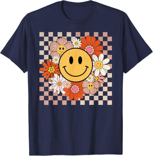 Retro Groovy Smile Happy Face Flowers Checkered 70s Hippie T-Shirt - T-Shirt | Navy
