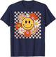 Retro Groovy Smile Happy Face Flowers Checkered 70s Hippie T-Shirt - T-Shirt | Navy
