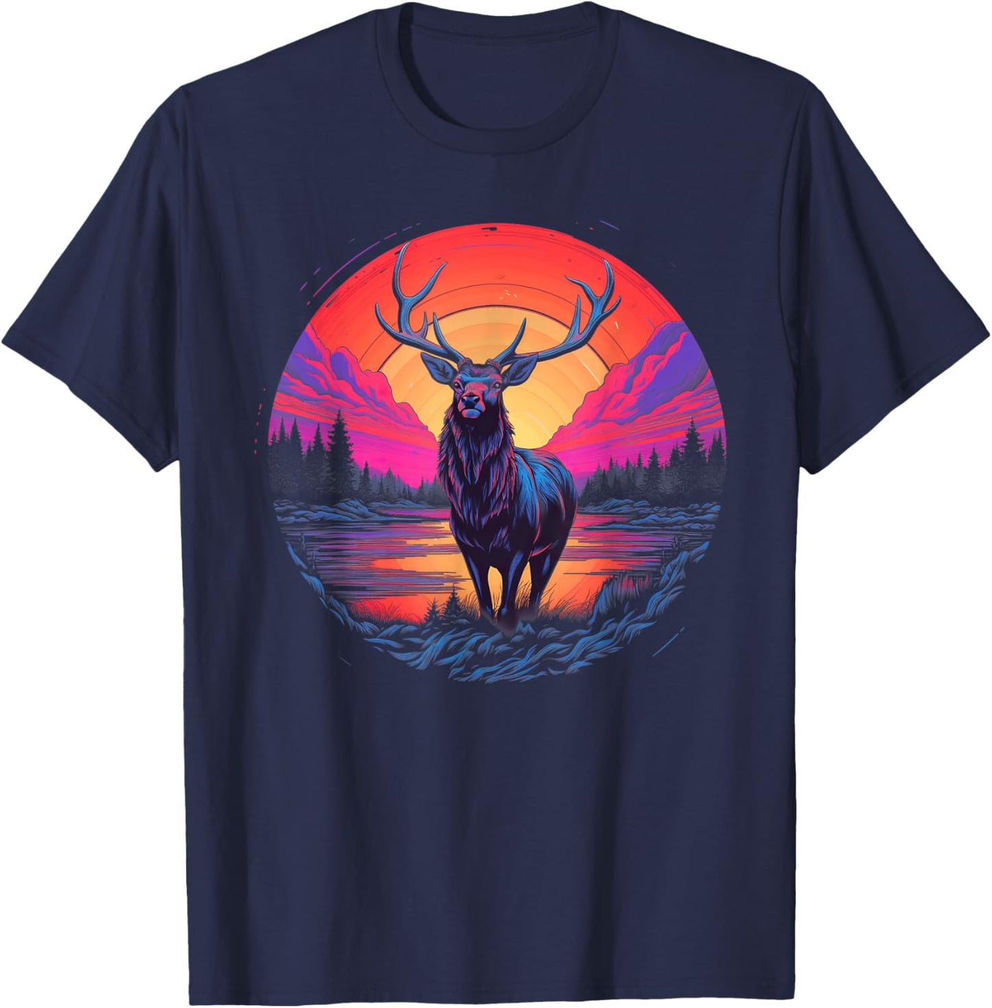 Retro Sunset Elk T-Shirt - T-Shirt | Navy