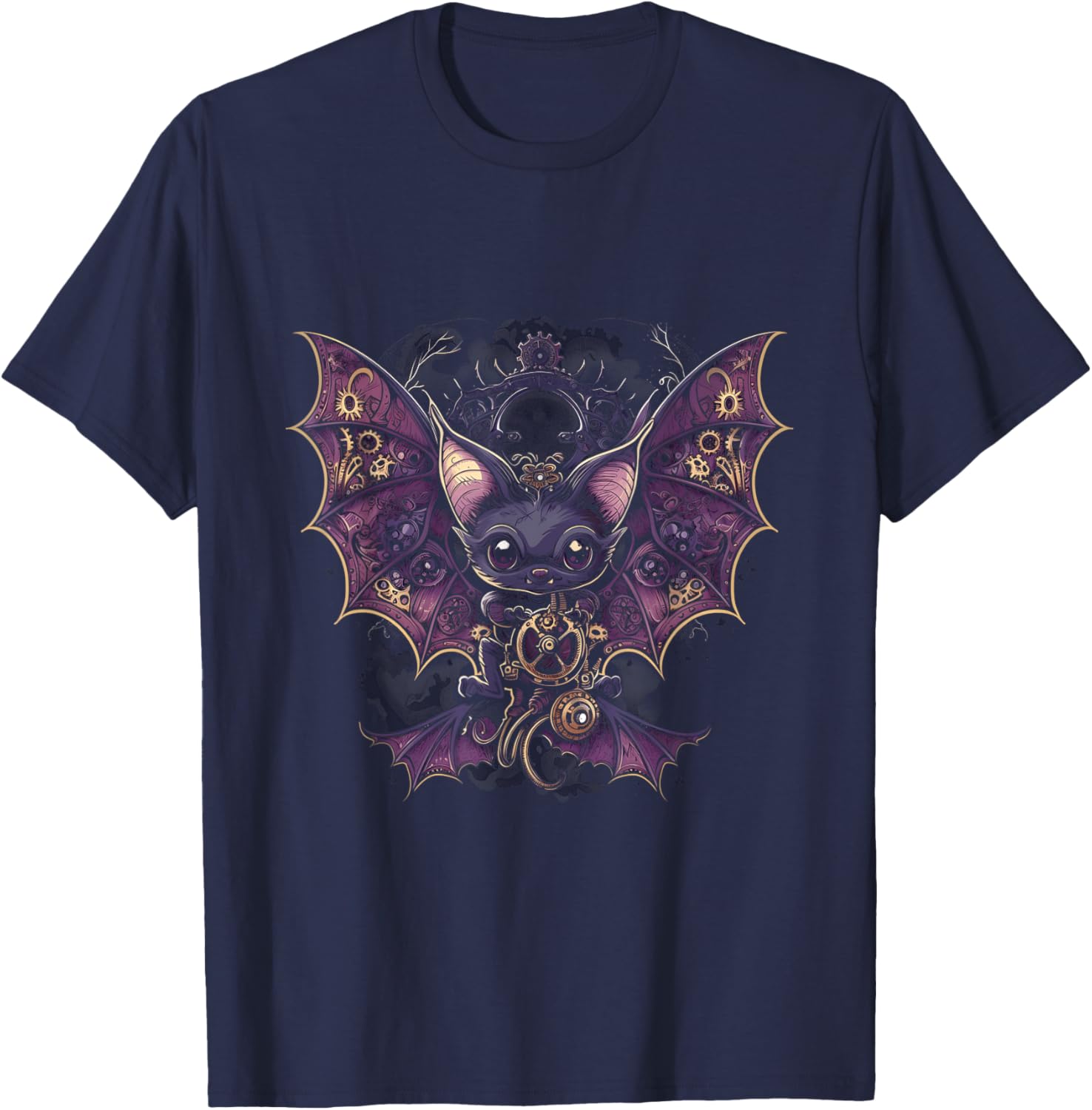 Steampunk Vampire Bat with fangs, wings and gears Gothic art T-Shirt - T-Shirt | Navy