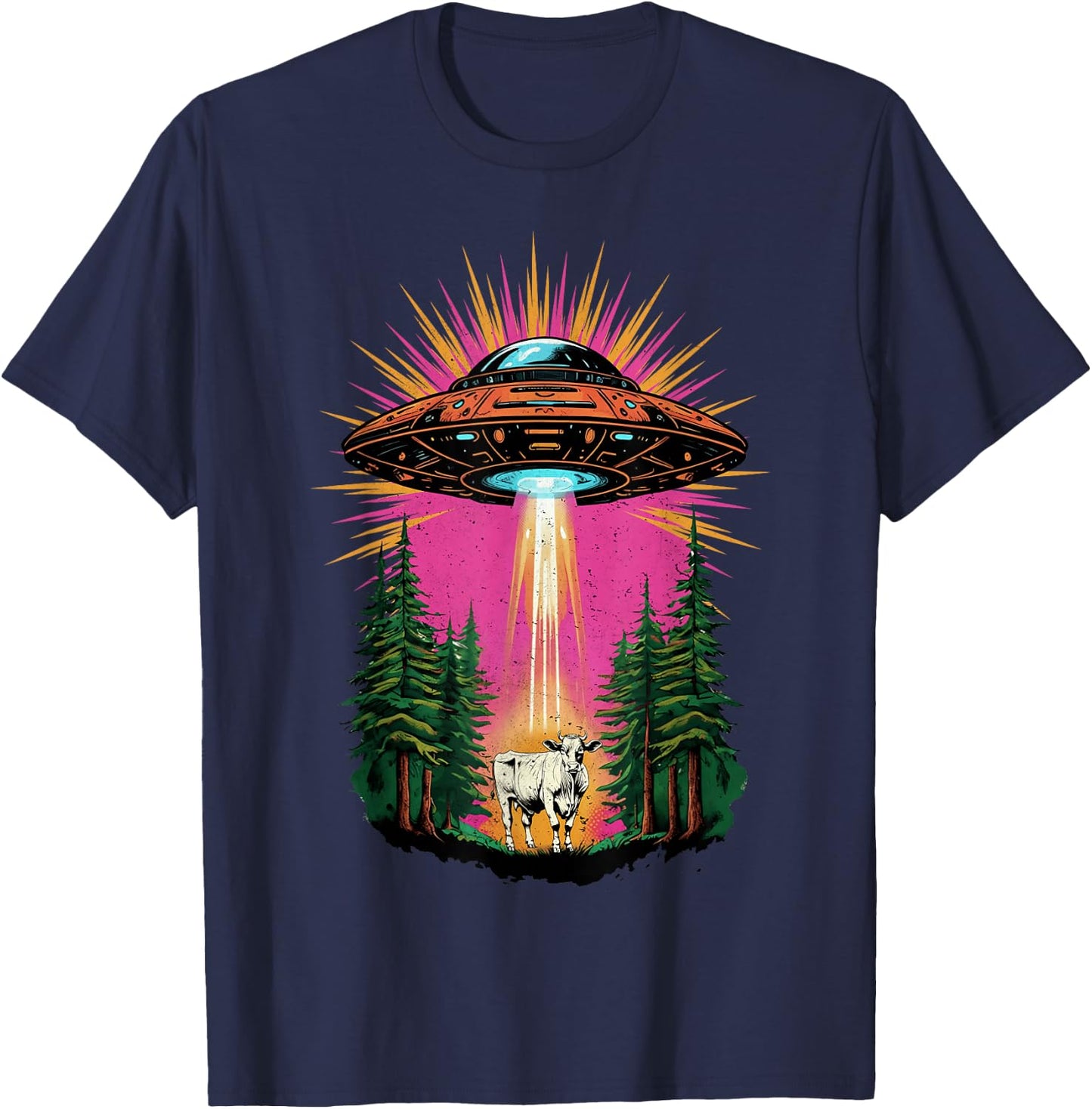 Vintage UFO Cow Abduction Alien Christmas Sci-fi Gift Funny T-Shirt - T-Shirt | Navy