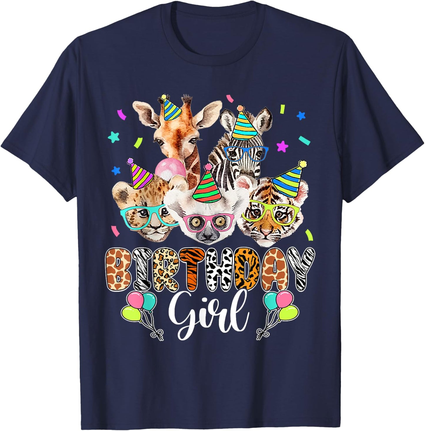Happy Birthday Girl Zoo Animals Wildlife Girls Kids Cute T-Shirt - T-Shirt | Navy
