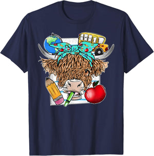 Highland Cow Teacher Farm Western Cute Cow Bandana Women Kids T-Shirt - T-Shirt | Navy