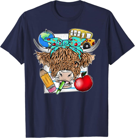 Highland Cow Teacher Farm Western Cute Cow Bandana Women Kids T-Shirt - T-Shirt | Navy