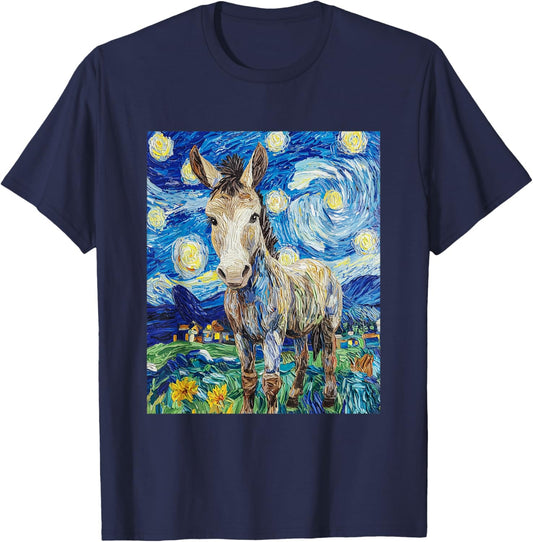 Funny Donkey - Van Gogh Style - Starry Night Graphic T-Shirt - T-Shirt | Navy