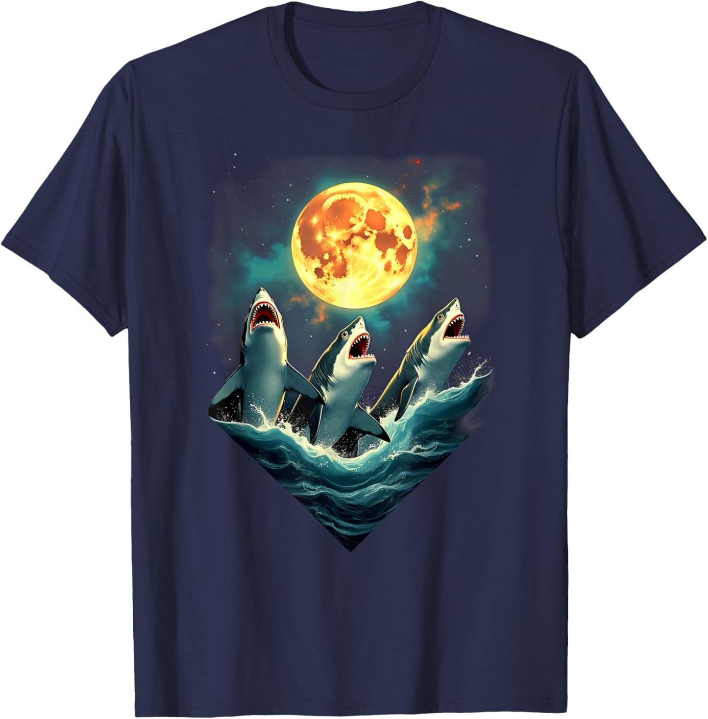 Aesthetic 3 Sharks Howling At The Moon T-Shirt - T-Shirt | Navy
