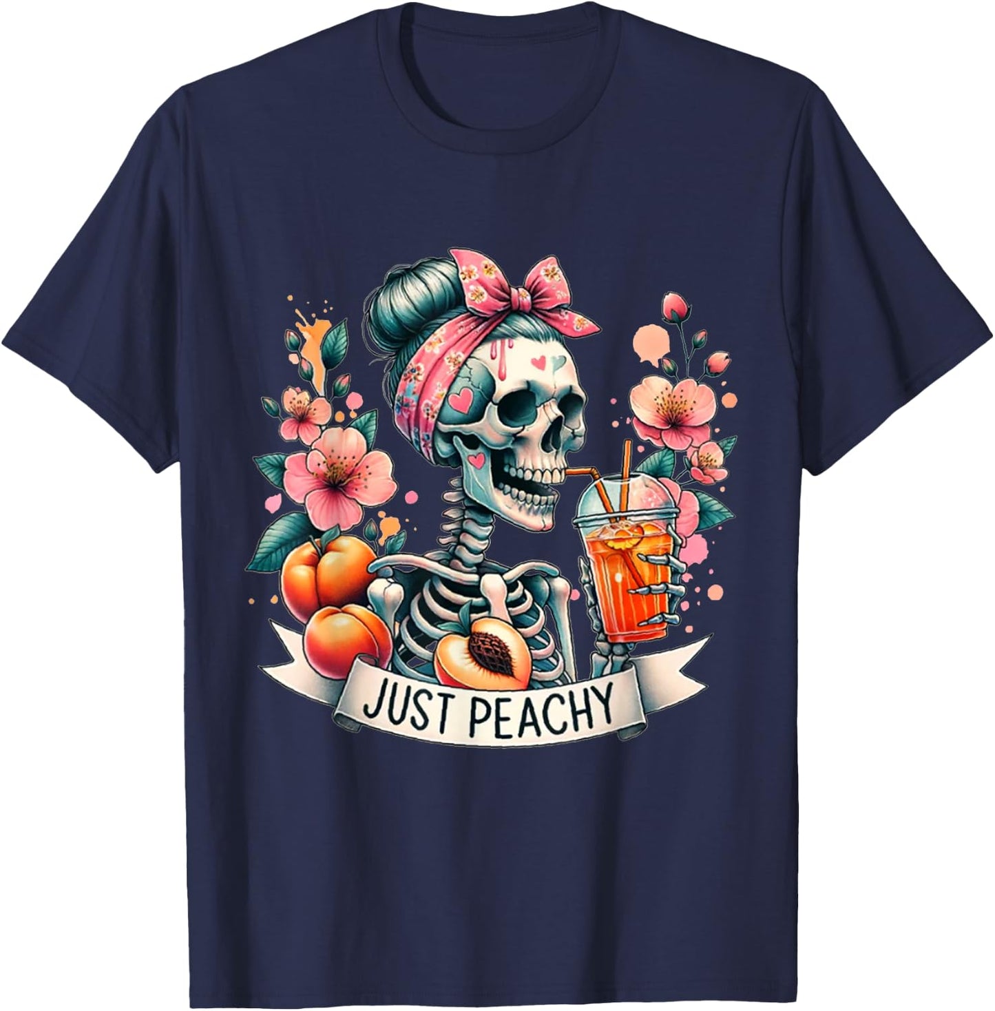 Just Peachy Skeleton Retro 70s Hippie Summer Vibes T-Shirt - T-Shirt | Navy