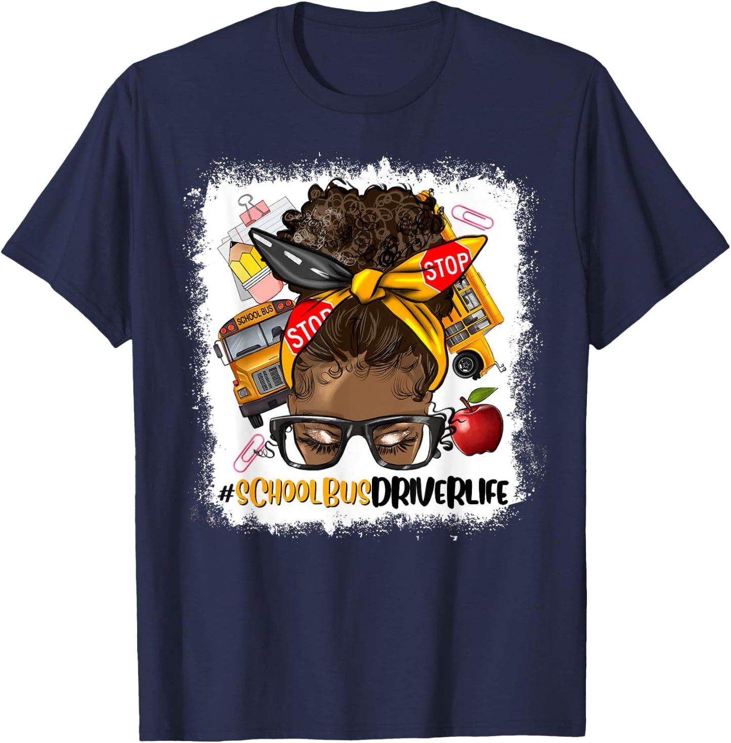 Afro Messy Bun School Bus Driver Black Woman T-Shirt - T-Shirt | Navy
