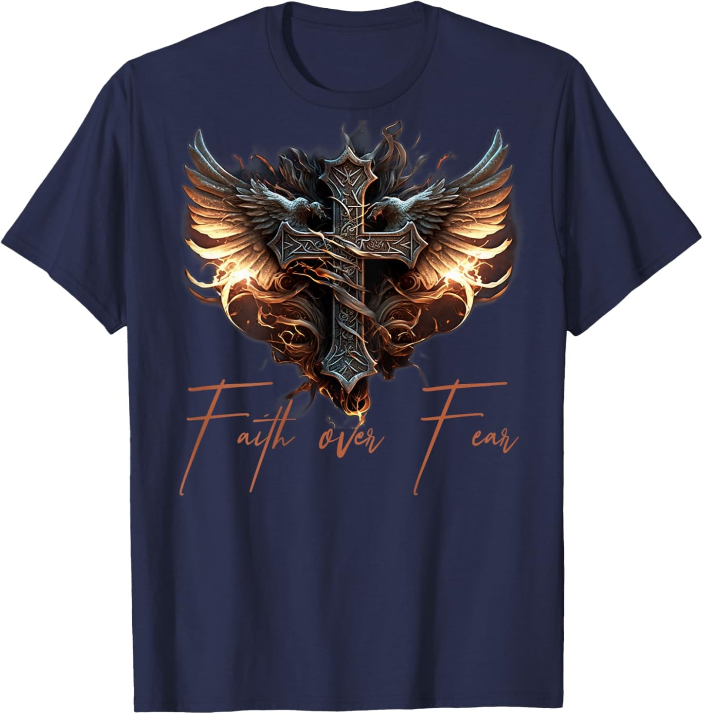 Biker Angel Wings Christian Cross Faith Over Fear - On Back T-Shirt - T-Shirt | Navy