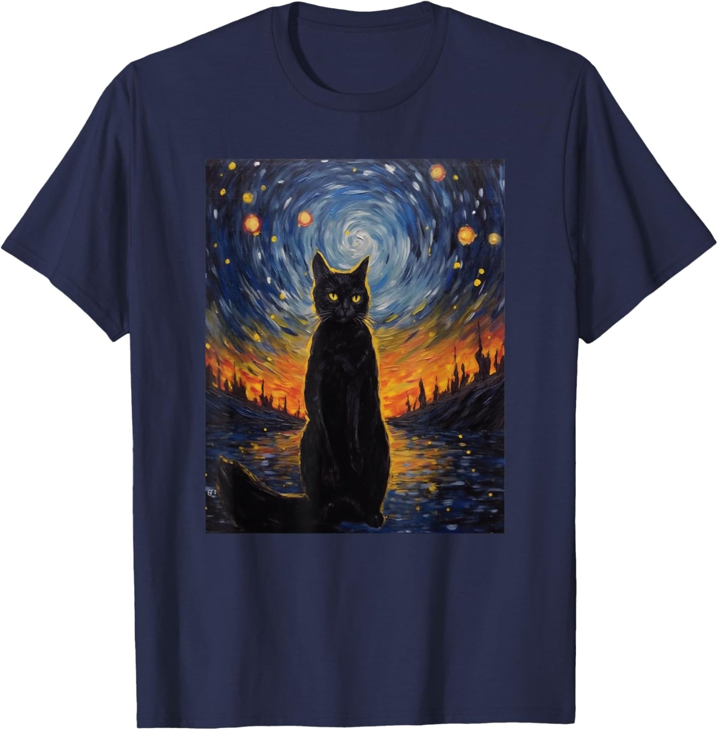 black cat Painting art Starry Night kitty kitten Van Gogh T-Shirt - T-Shirt | Navy