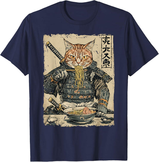 Samurai Cat Loves Ramen Funny Anime Japanese Artwork Samurai T-Shirt - T-Shirt | Navy