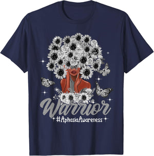 Warrior Black Women Sunflower Hair Aphasia Awareness T-Shirt - T-Shirt | Navy