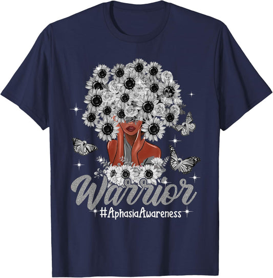 Warrior Black Women Sunflower Hair Aphasia Awareness T-Shirt - T-Shirt | Navy