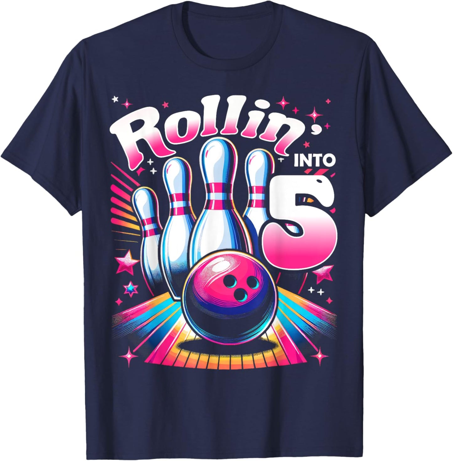 Bowling Birthday Rollin into 5 Party 5th Birthday Retro Girl T-Shirt - T-Shirt | Navy