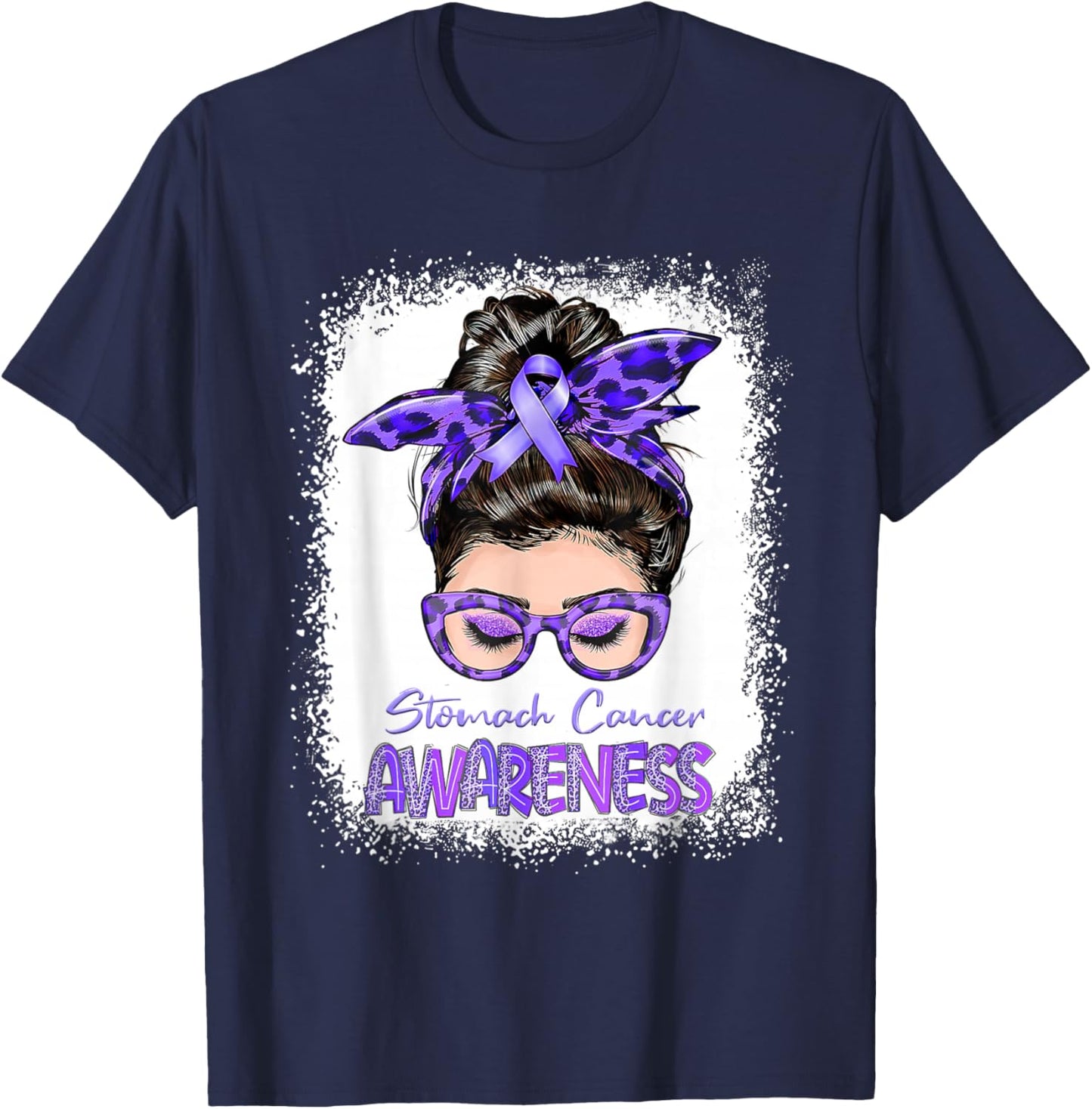 Messy Bun Periwinkle Ribbon Stomach Cancer Awareness T-Shirt - T-Shirt | Navy