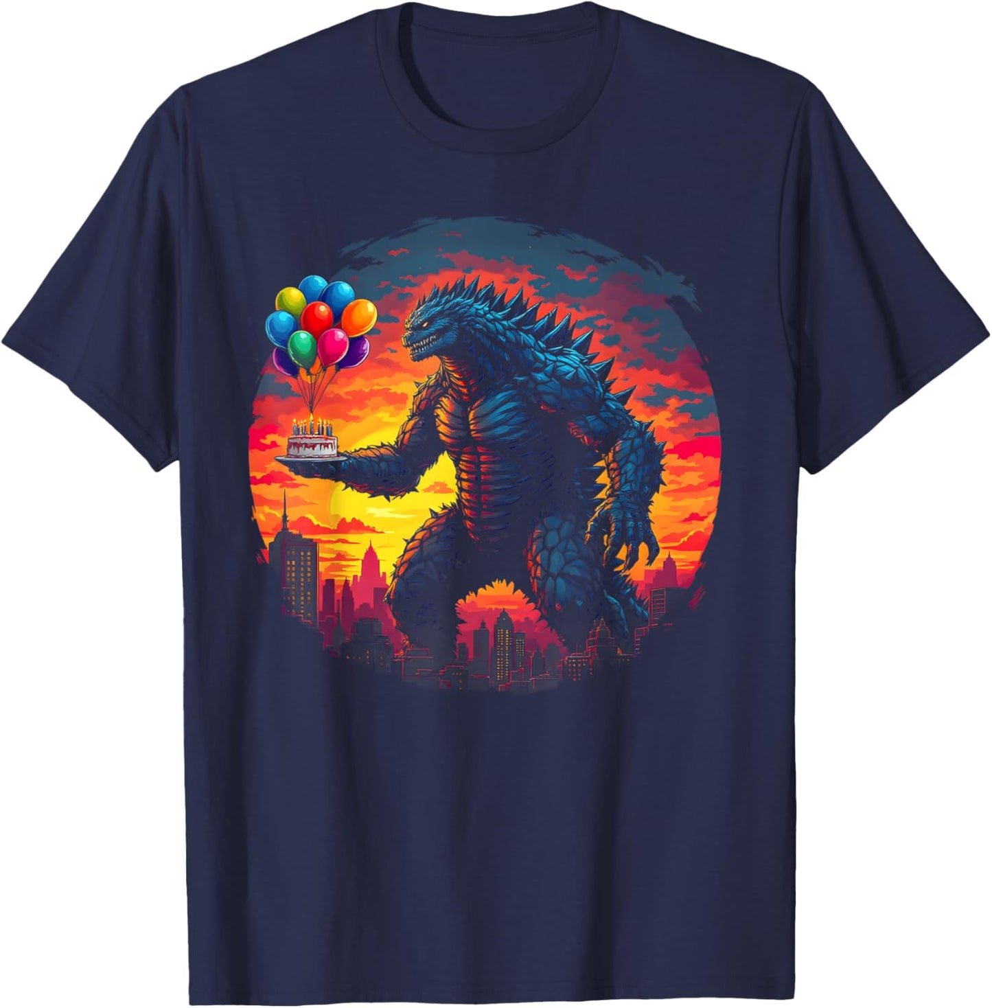 Kaiju Balloon And Cake Funny Japanese Monster Lover Birthday T-Shirt - T-Shirt | Navy