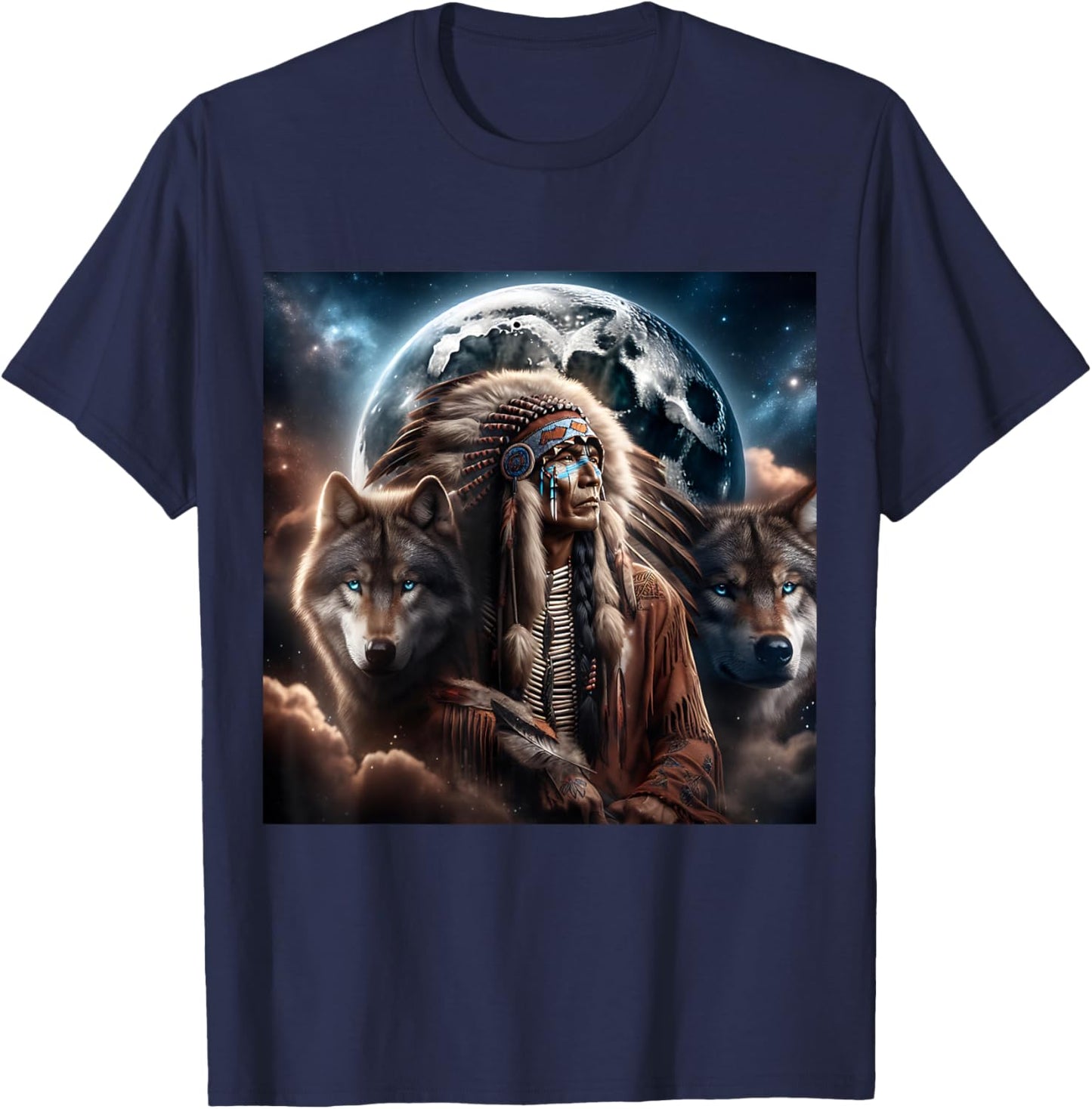 Indianer Tiere Mond Indianer mit Wolf Damen Schwarz S EU 38/40 T-Shirt - T-Shirt | Navy