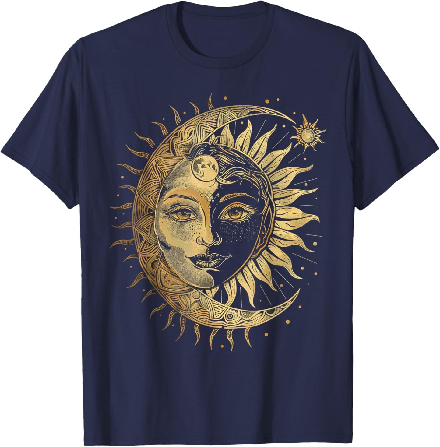 Mystic Sun and Moon Woman Mystical Flowers Aesthetic T-Shirt - T-Shirt | Navy