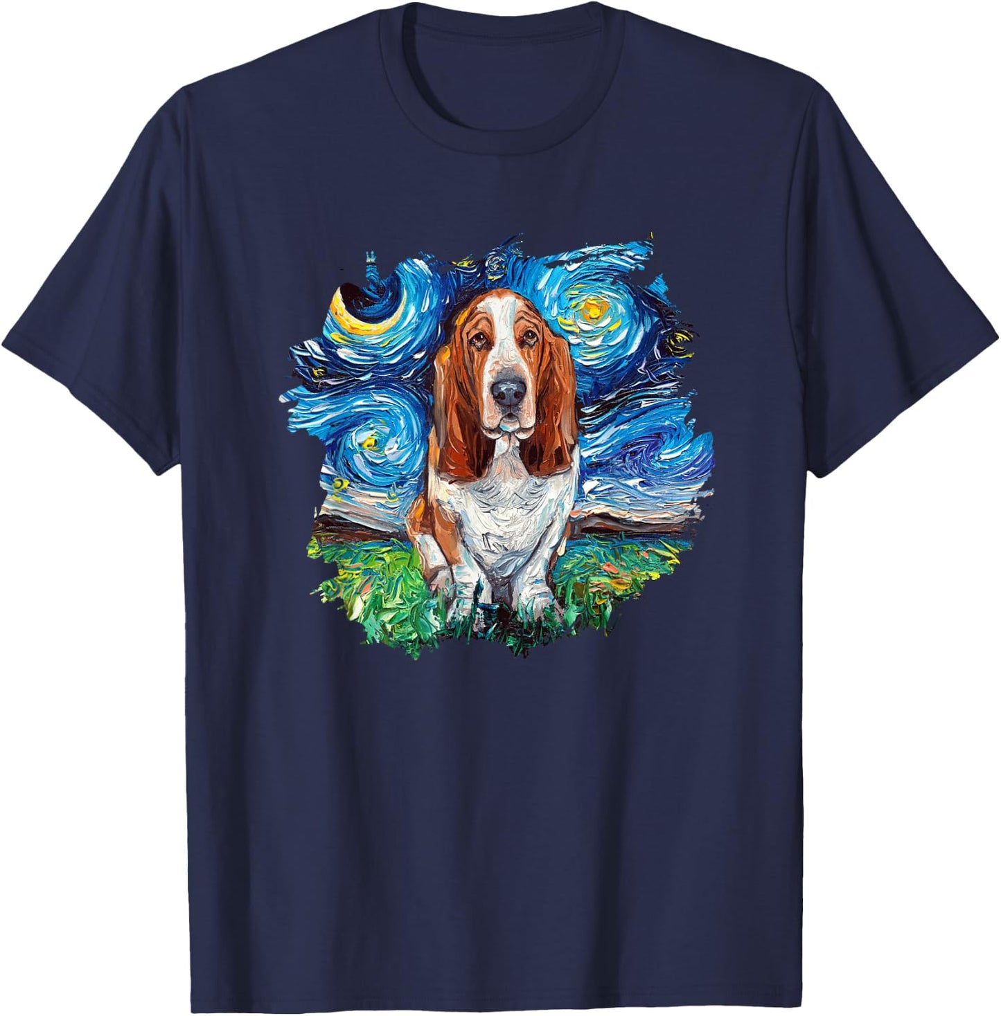 Basset Hound Starry Night Impressionist Dog Art by Aja T-Shirt - T-Shirt | Navy