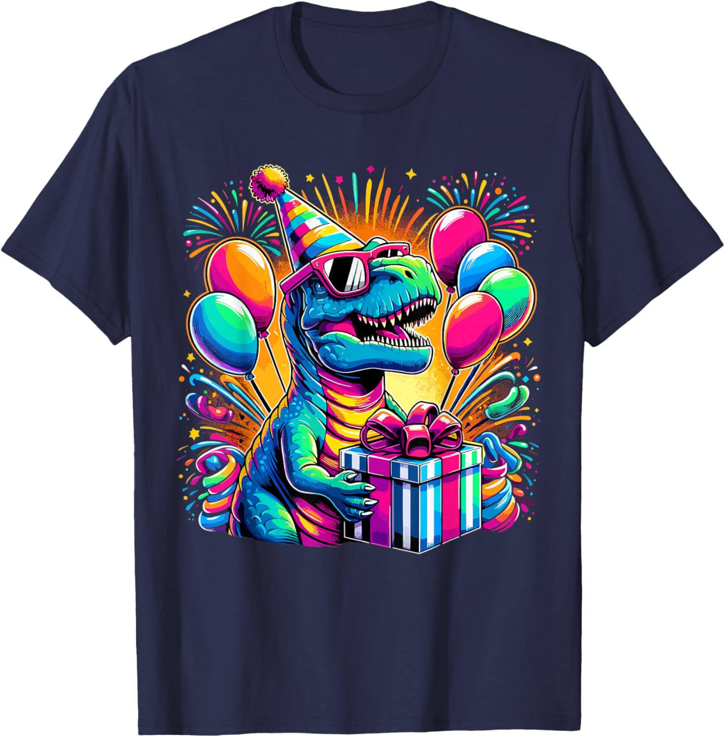 Dinosaur Birthday Party T-Rex Retro Dinosaur T-Shirt - T-Shirt | Navy
