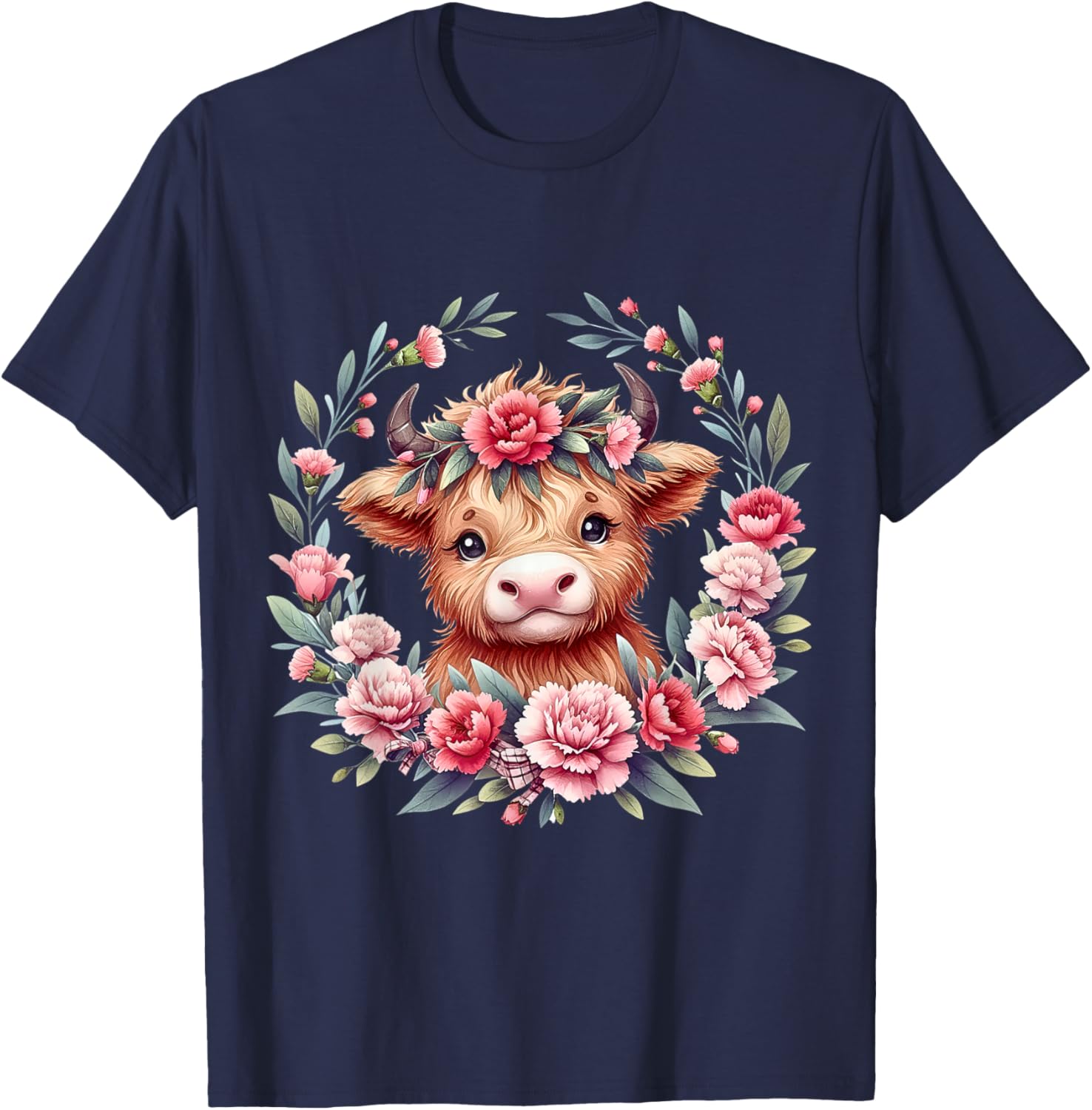 Cute Baby Highland Cow With Carnation Flower Scottish Farm T-Shirt - T-Shirt | Navy