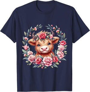 Cute Baby Highland Cow With Carnation Flower Scottish Farm T-Shirt - T-Shirt | Navy