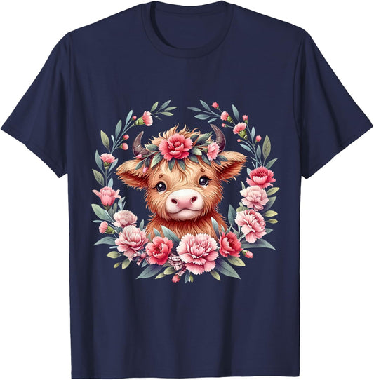 Cute Baby Highland Cow With Carnation Flower Scottish Farm T-Shirt - T-Shirt | Navy