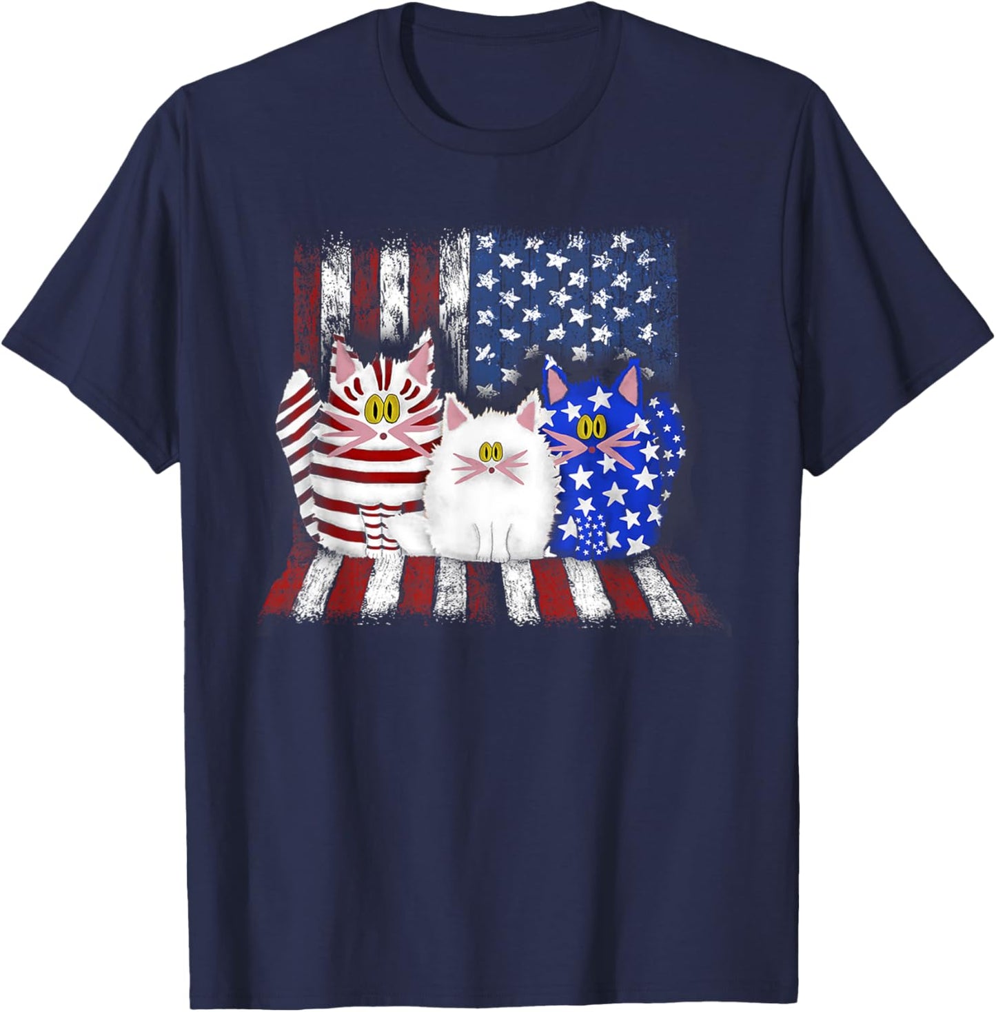 Three Cats American Flag - Blue - Cat - White - Cat - Red T-Shirt - T-Shirt | Navy