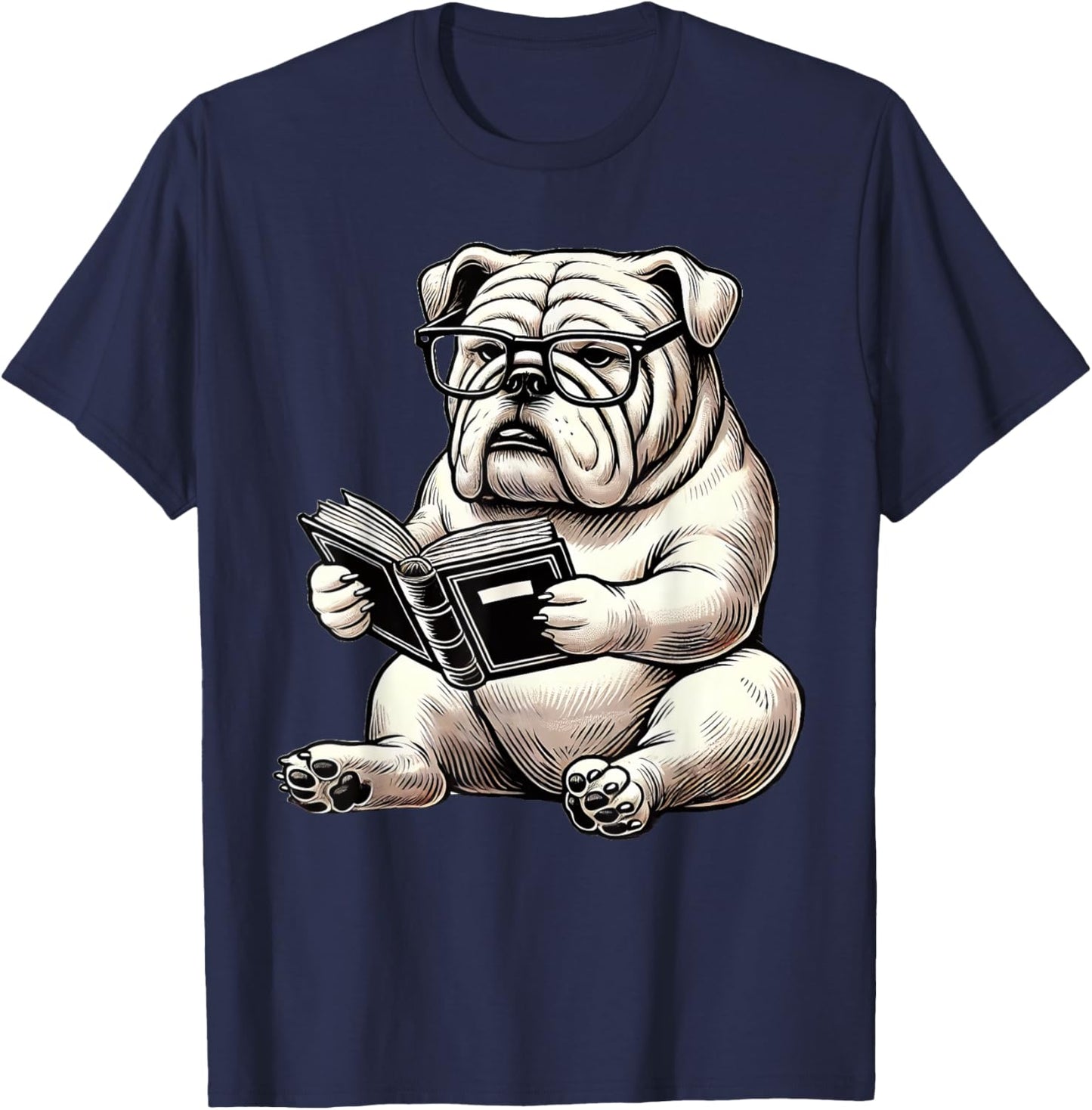 Cute Dog English Bulldog Reading Book Women Girls Kids T-Shirt - T-Shirt | Navy