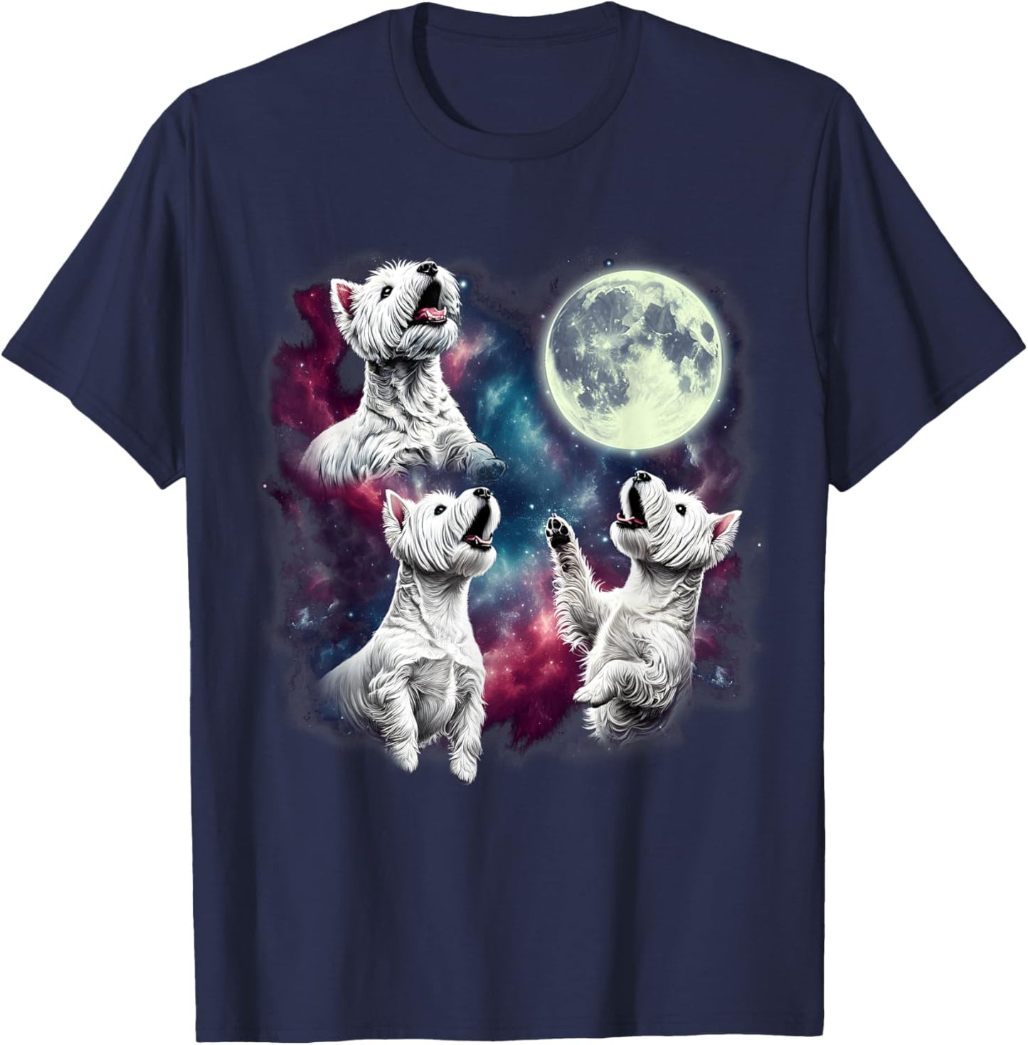 Three West Highland White Terriers Howling at Moon Funny T-Shirt - T-Shirt | Navy