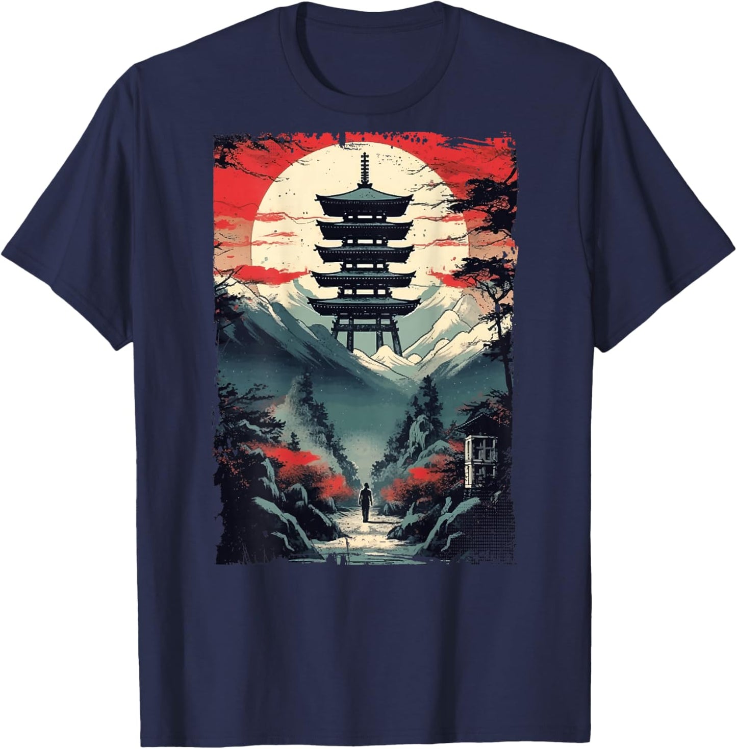 Japanese men walking Woodblock Art Spiritual (ART BACK) T-Shirt - T-Shirt | Navy