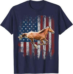 Patriotic Horse American Flag Horseback Riding Farm Gift T-Shirt - T-Shirt | Navy