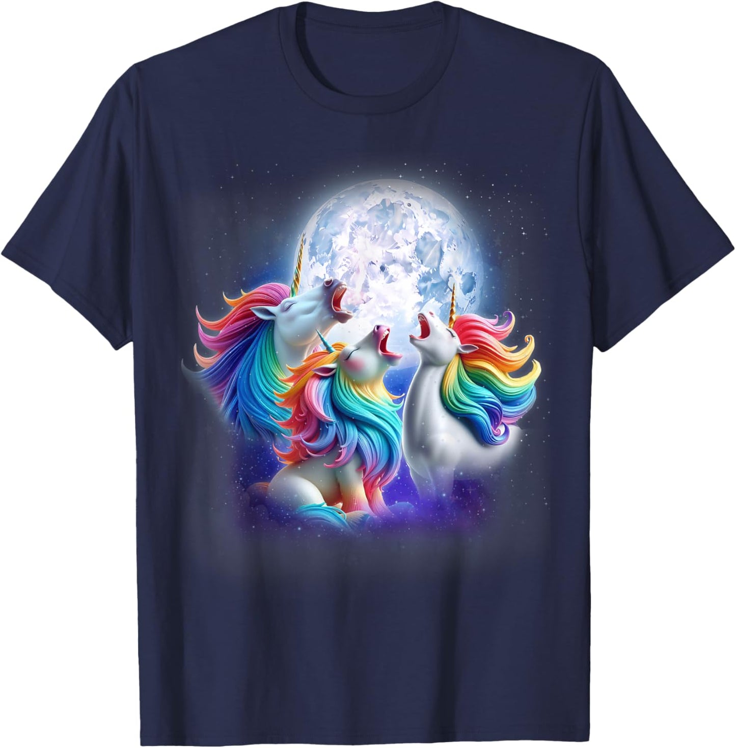 3 Unicorns Howling At The Moon Funny Mythical Unicorn Lover T-Shirt - T-Shirt | Navy